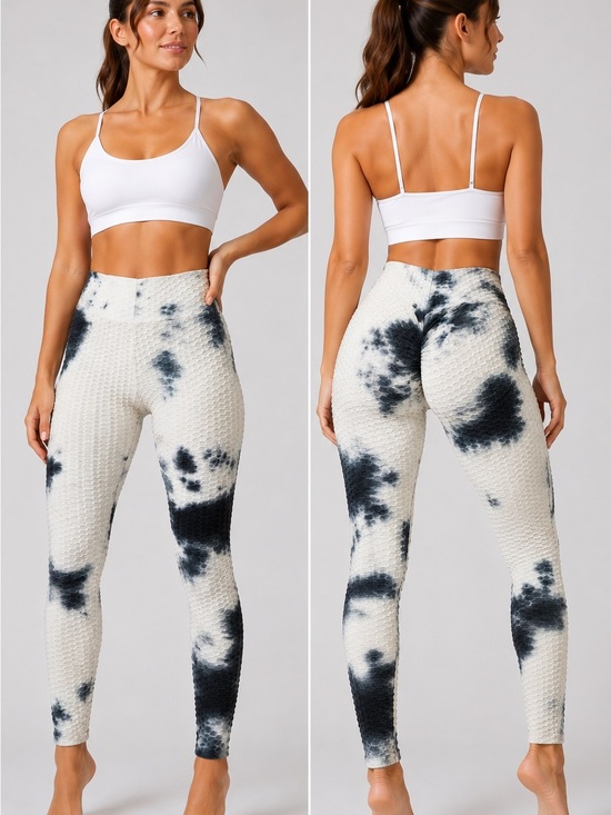 Pants - 483. Tie-Dye High-Waist Textured Leggings - White/Black/Gray